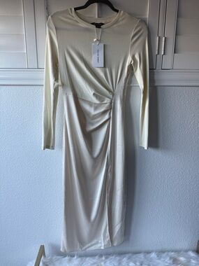 Long Sleeve Cream Midi Dress with Side Drape and Slit. Cotton & Satin